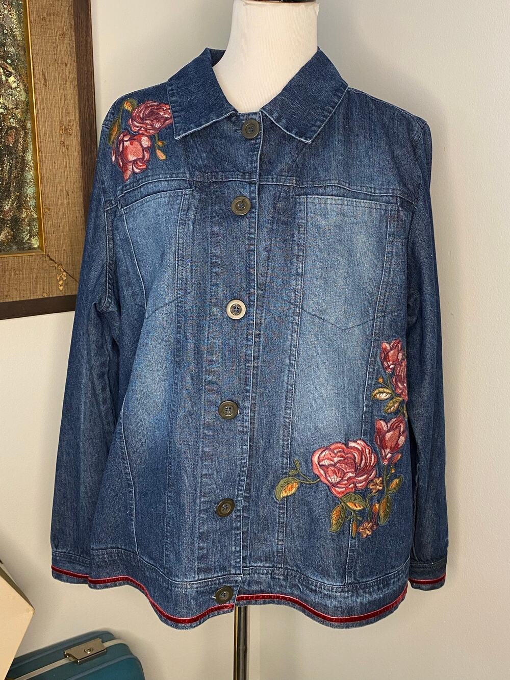 Hannah Woman 1X Embroidered Rose Denim Jacket Red Velvet Trim Floral Jean